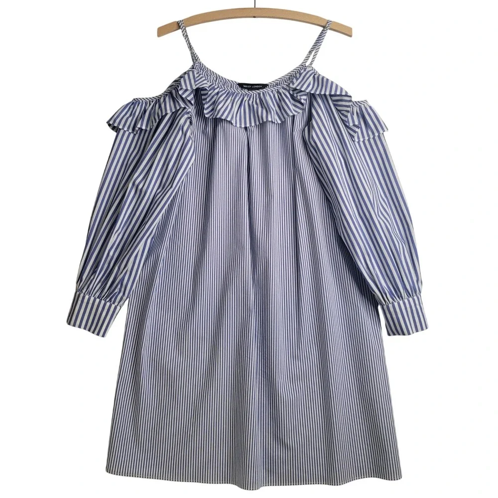 Maggy London Womens‎ Blue White Striped Cold Shoulder Ruffle Shift Dress Size 10